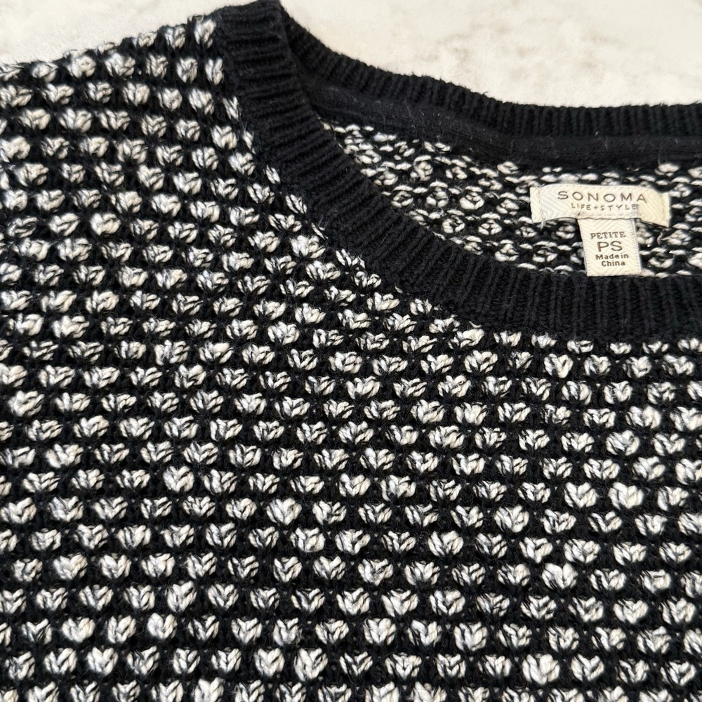 Sonoma Womens Petite S Black White Textured Knit Crewneck Lightweight Sweater
